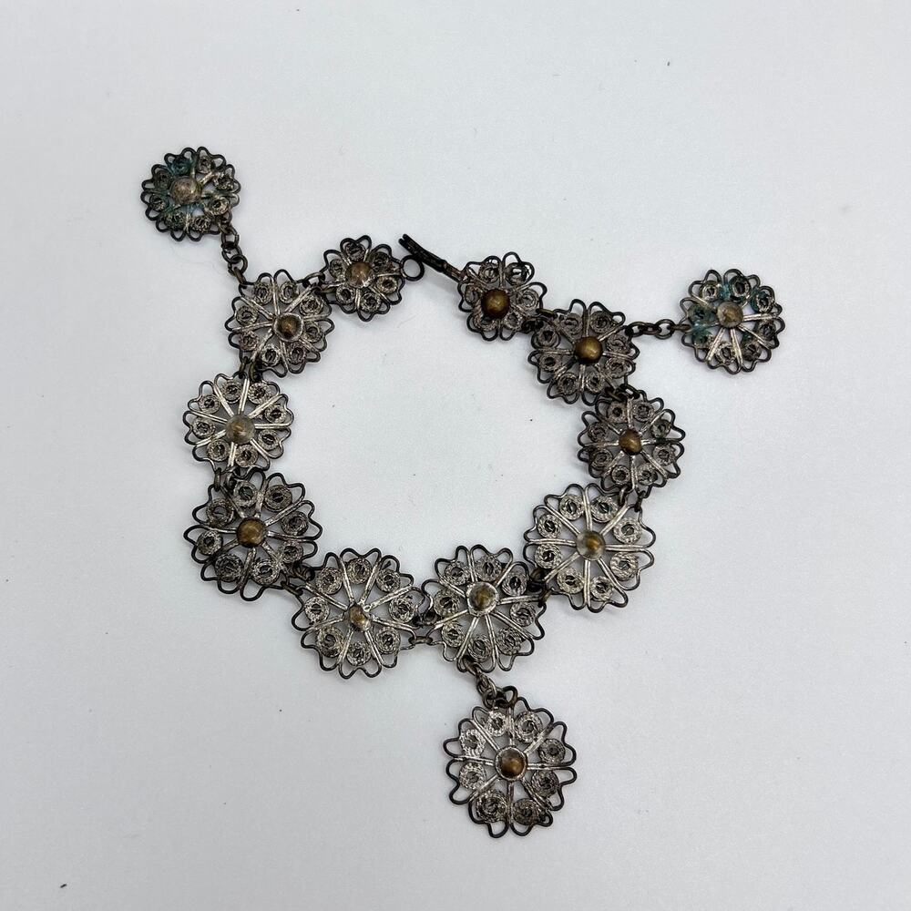 Vintage Filigree Bracelet Art Deco Silver Tone Flower Possibly Antique Jewelry